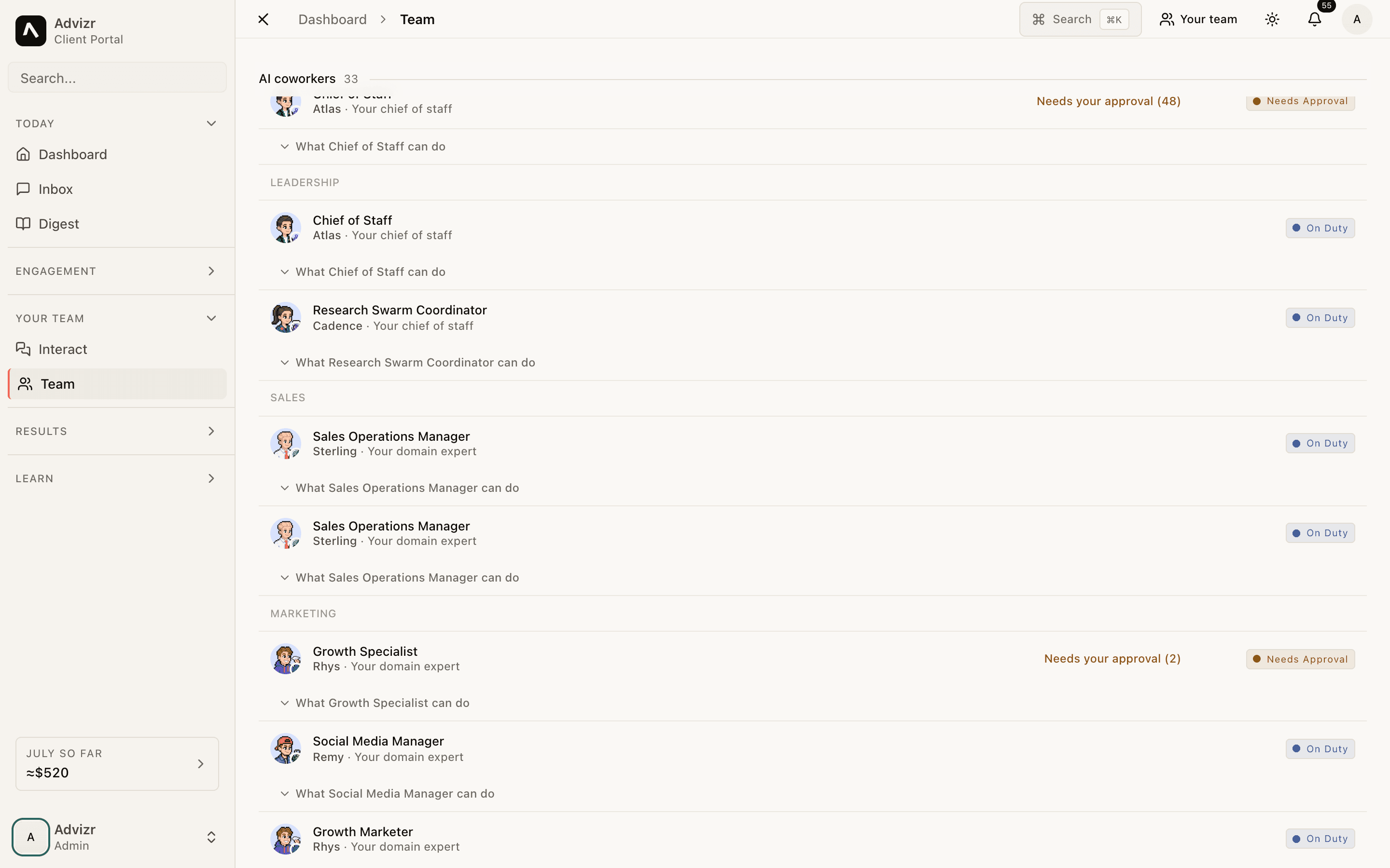 The agent roster: each AI teammate with its role and recent activity