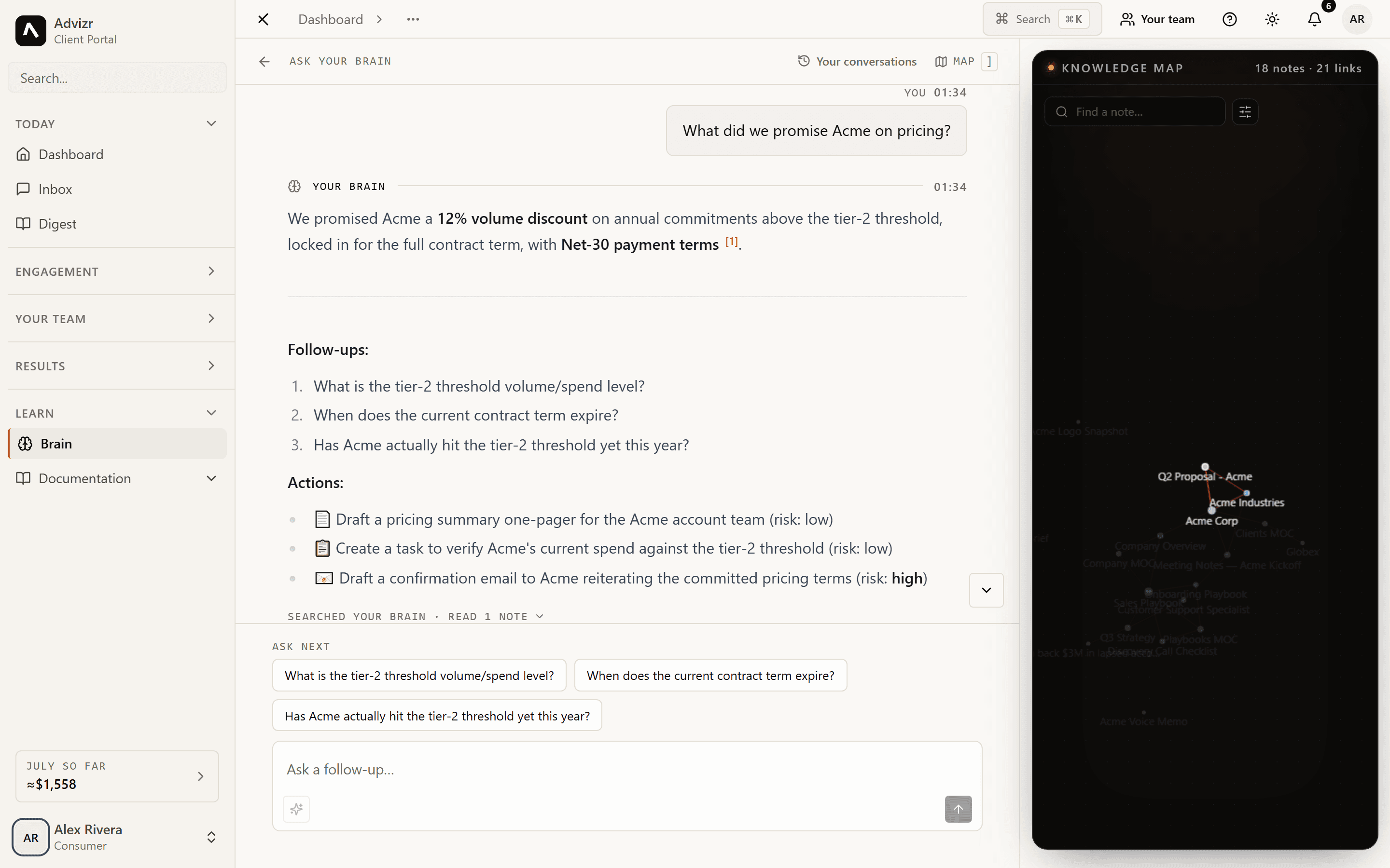 The brain answering a pricing question, with the source document cited inline