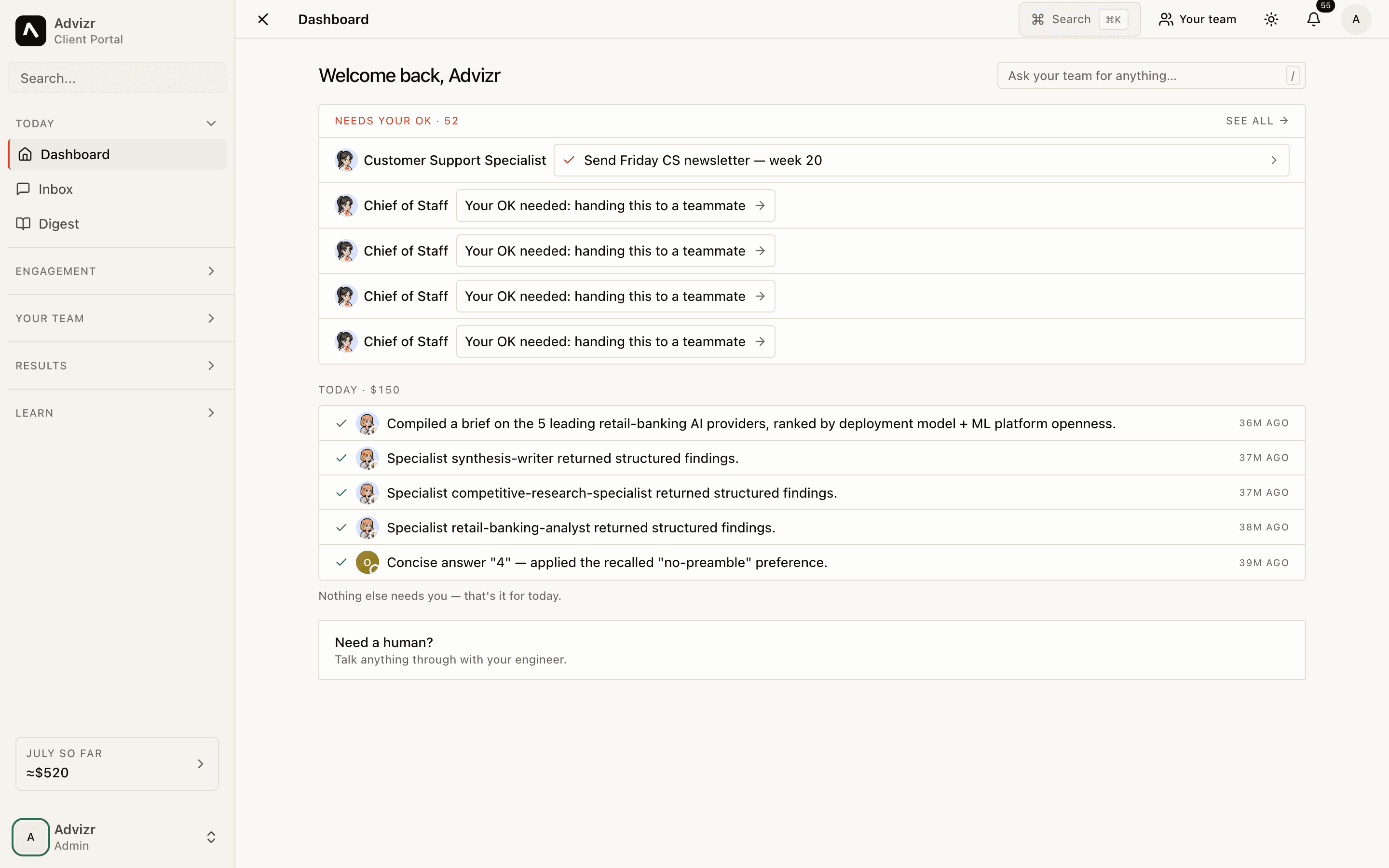 The platform dashboard: approval queue, overnight agent activity, and the day's delivered value