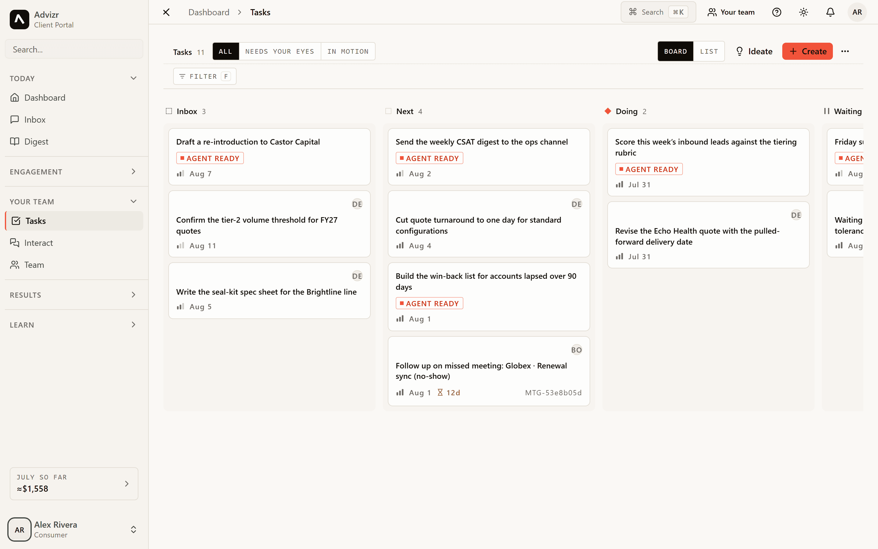 The task board: work owned by people and agents, side by side in one view