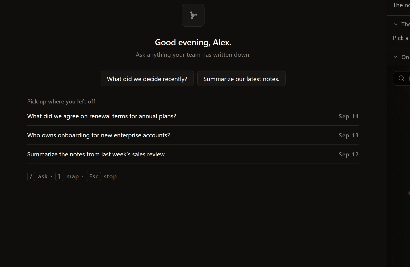 Ask your brain in the demo workspace: a greeting, two suggested questions and the conversations you left off