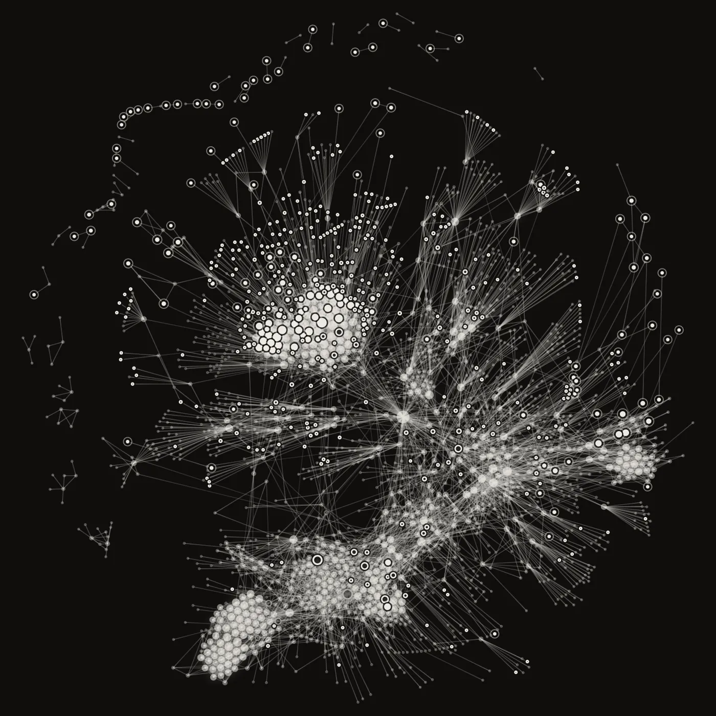 A map of Advizr's own Brain: 2,523 notes and entities as points joined by 7,406 faint links, gathered into clusters such as Glossary · Automations, ChatGPT · Claude and Vancouver · Services Overview.